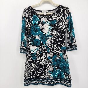 White House Black Market Women Floral Print 3/4 Sleeve Boat Neck Tunic Top Small